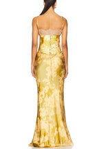 Cleodora Satin Floral Lace Cowl Neck Detachable Corset Slip Drape Maxi Dress