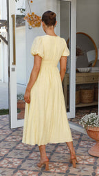 Puff Sleeve V-Neck Smocked Waist Button Front A-Line Maxi Dress