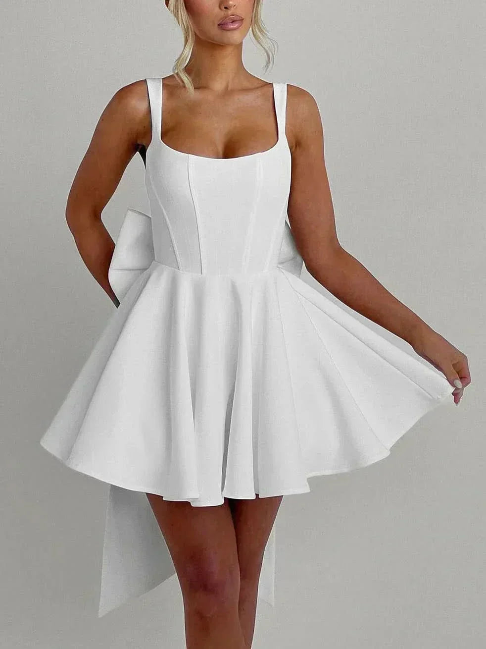 Square Neck Sleeveless Fit and Flare Oversized Back Bow Mini Dress