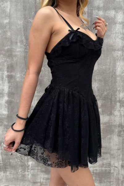 Floral Jacquard Corset Sweetheart Ruffle Neck Fit and Flare Mini Dress