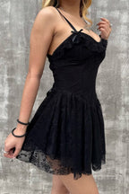 Floral Jacquard Corset Sweetheart Ruffle Neck Fit and Flare Mini Dress