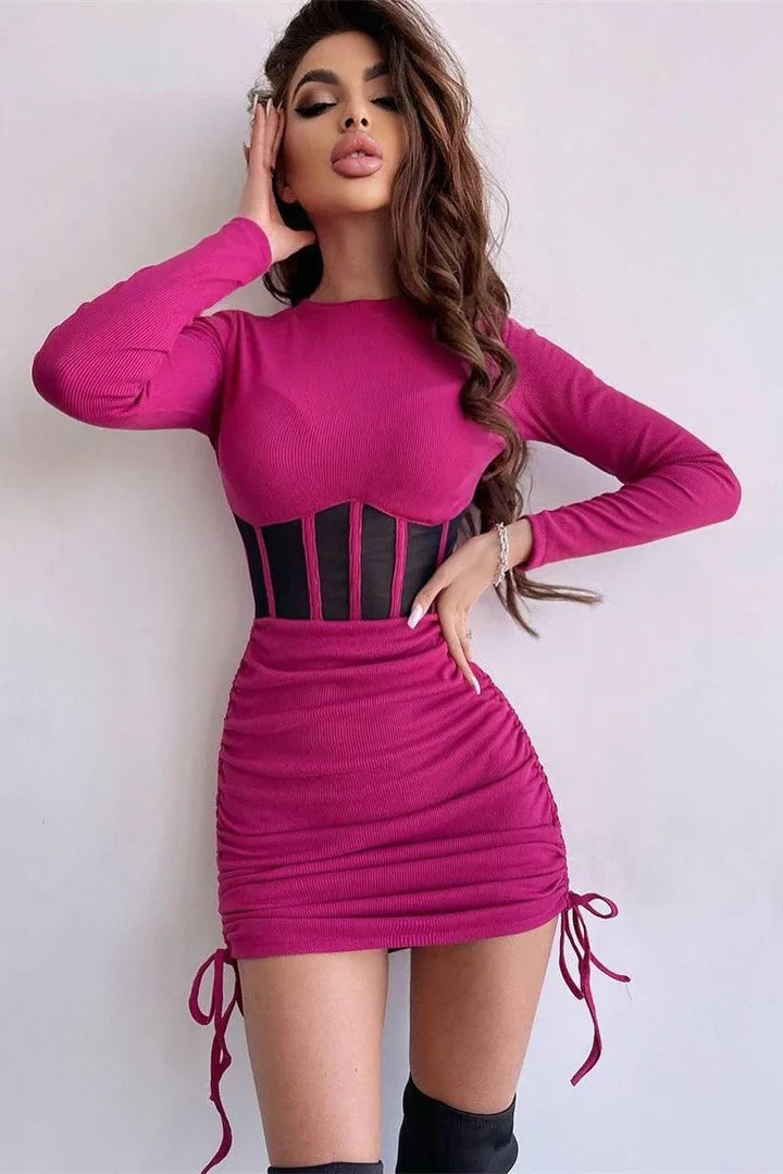 Knit Long Sleeve Corset Mesh Panel Ruched Drawstring Mini Dress
