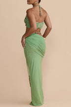 Emara Stretch Mesh Hand Beaded Trim Gathered Sweetheart Crop Halter Vacation Tank