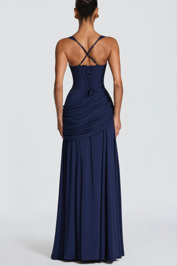 Stylish Spaghetti Strap Square Neck Slim-fit Elegant Pleated Maxi Dress