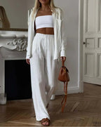 White Cotton Pockets Button Office Two Piece Set