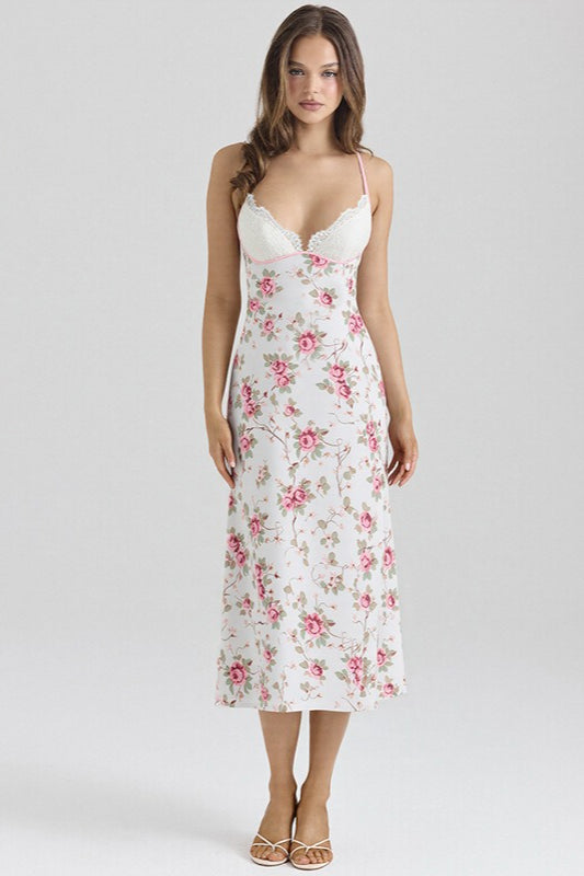 Pink Spaghetti Strap Deep V Lace Cup Floral Print Bodycon Maxi Dress