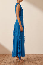 Reina Exclusive Pleated Round Neck Maxi Dress with Ruffles Designer Edit