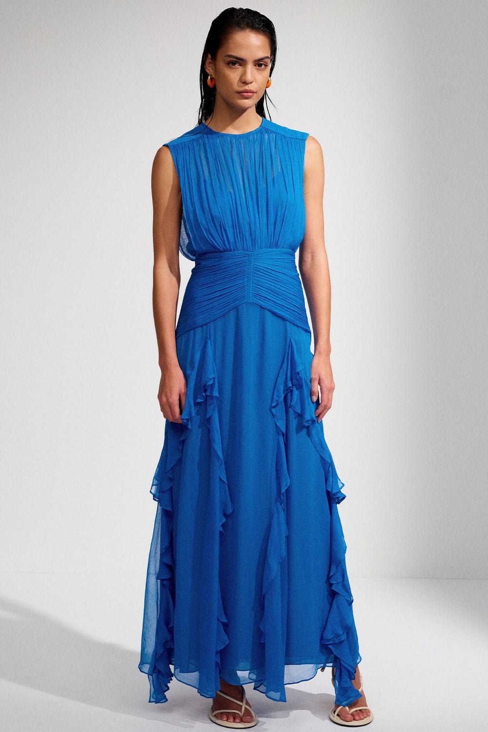 Reina Exclusive Pleated Round Neck Maxi Dress with Ruffles Designer Edit