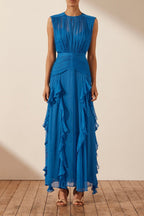Reina Exclusive Pleated Round Neck Maxi Dress with Ruffles Designer Edit