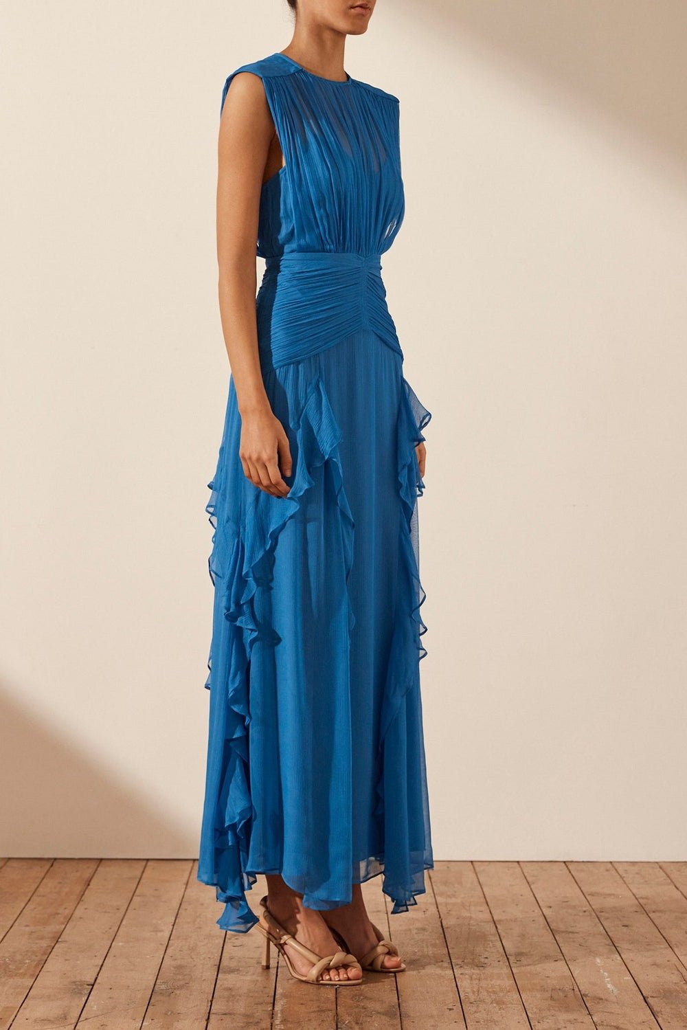 Reina Exclusive Pleated Round Neck Maxi Dress with Ruffles Designer Edit