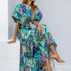 Elegant Blue Floral Lantern Sleeve Dress