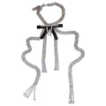 Faux Leather Trim Crystal Bow Tassel Choker Necklace Silver