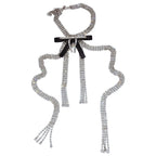 Faux Leather Trim Crystal Bow Tassel Choker Necklace Silver
