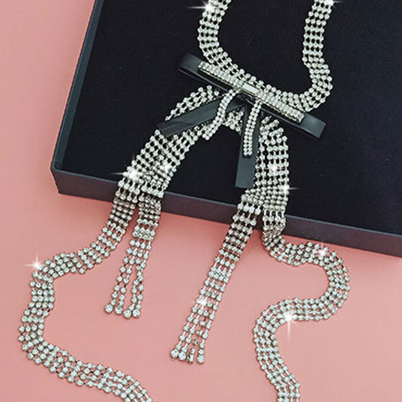 Faux Leather Trim Crystal Bow Tassel Choker Necklace Silver