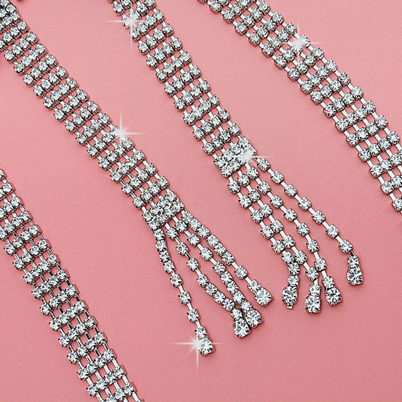 Faux Leather Trim Crystal Bow Tassel Choker Necklace Silver