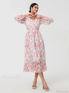 Elegant Floral Flowing Long Sleeve A-Line Floral Dress