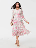 Elegant Floral Flowing Long Sleeve A-Line Floral Dress