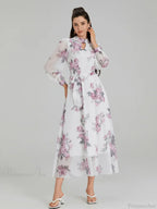 Elegant Floral Print Chiffon Long Lantern Sleeve Tie Waist Floral Dress