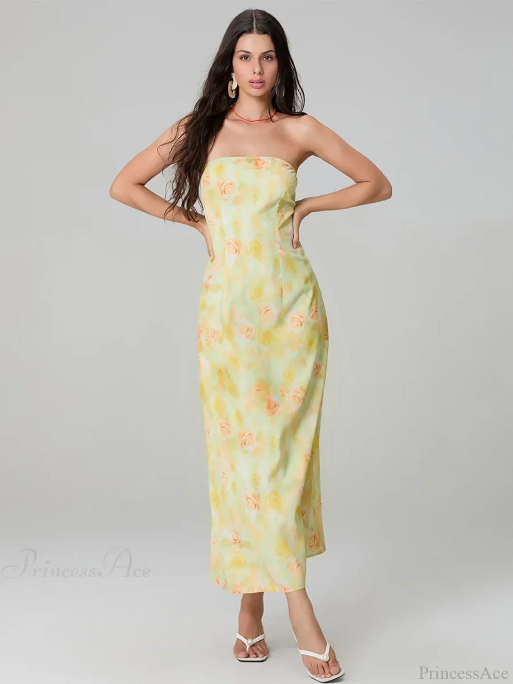 Elegant Floral Print Tube Backless Off-Shoulder Evening Gown Party Dress