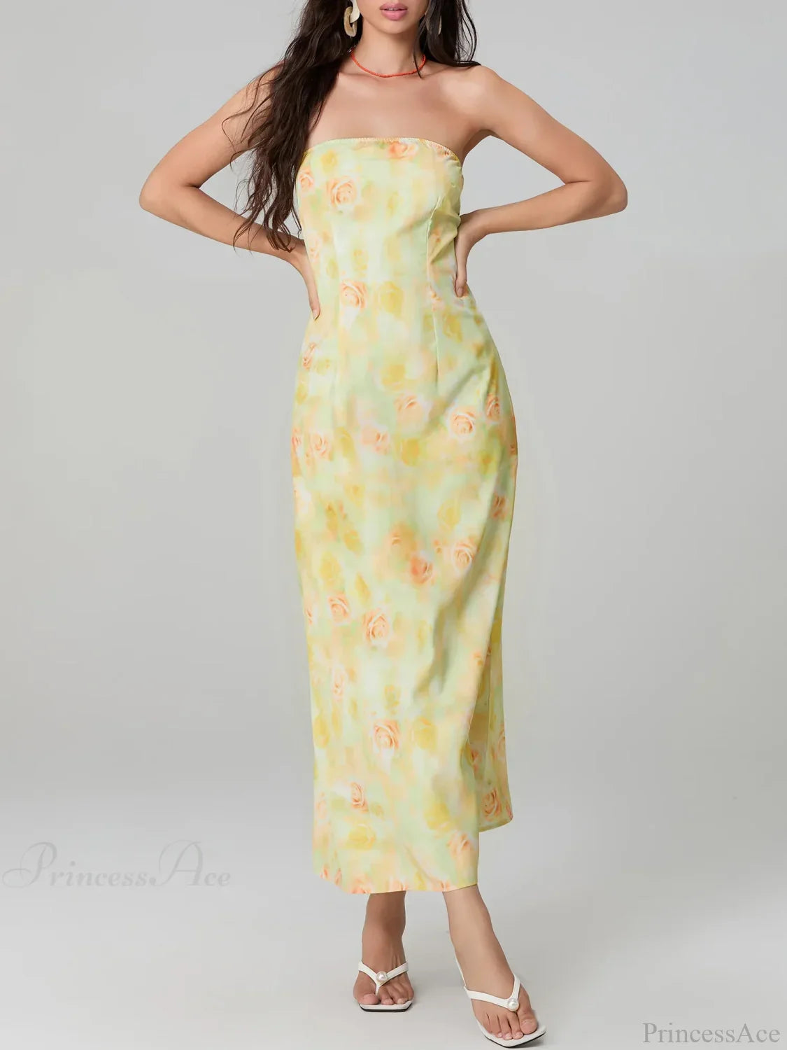 Elegant Floral Print Tube Backless Off-Shoulder Evening Gown Party Dress