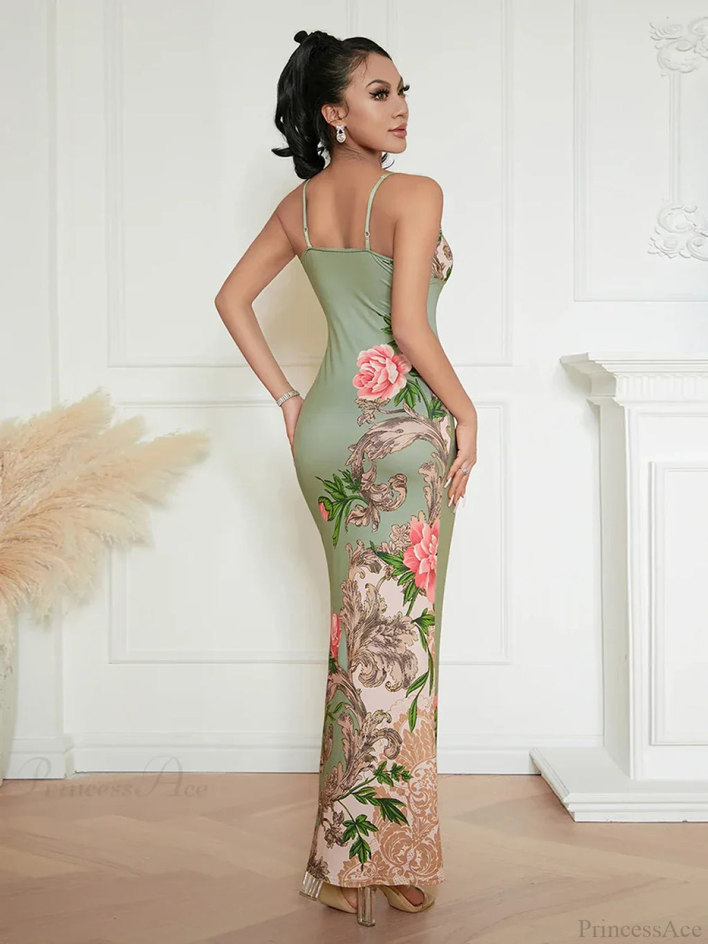 Elegant Floral Spaghetti Strap Backless Floral Dress