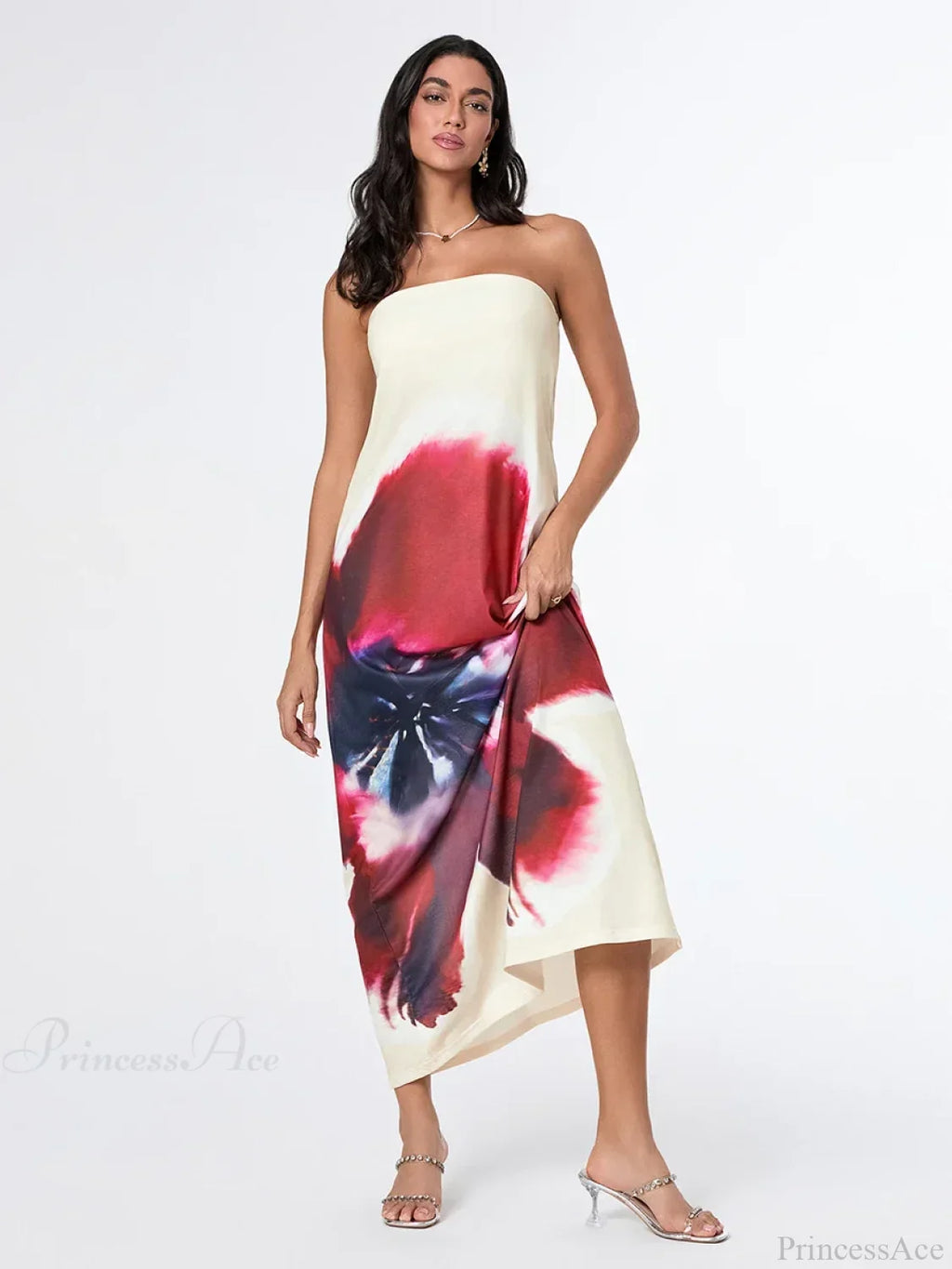 Elegant Floral Strapless Loose Fit Floral Dress