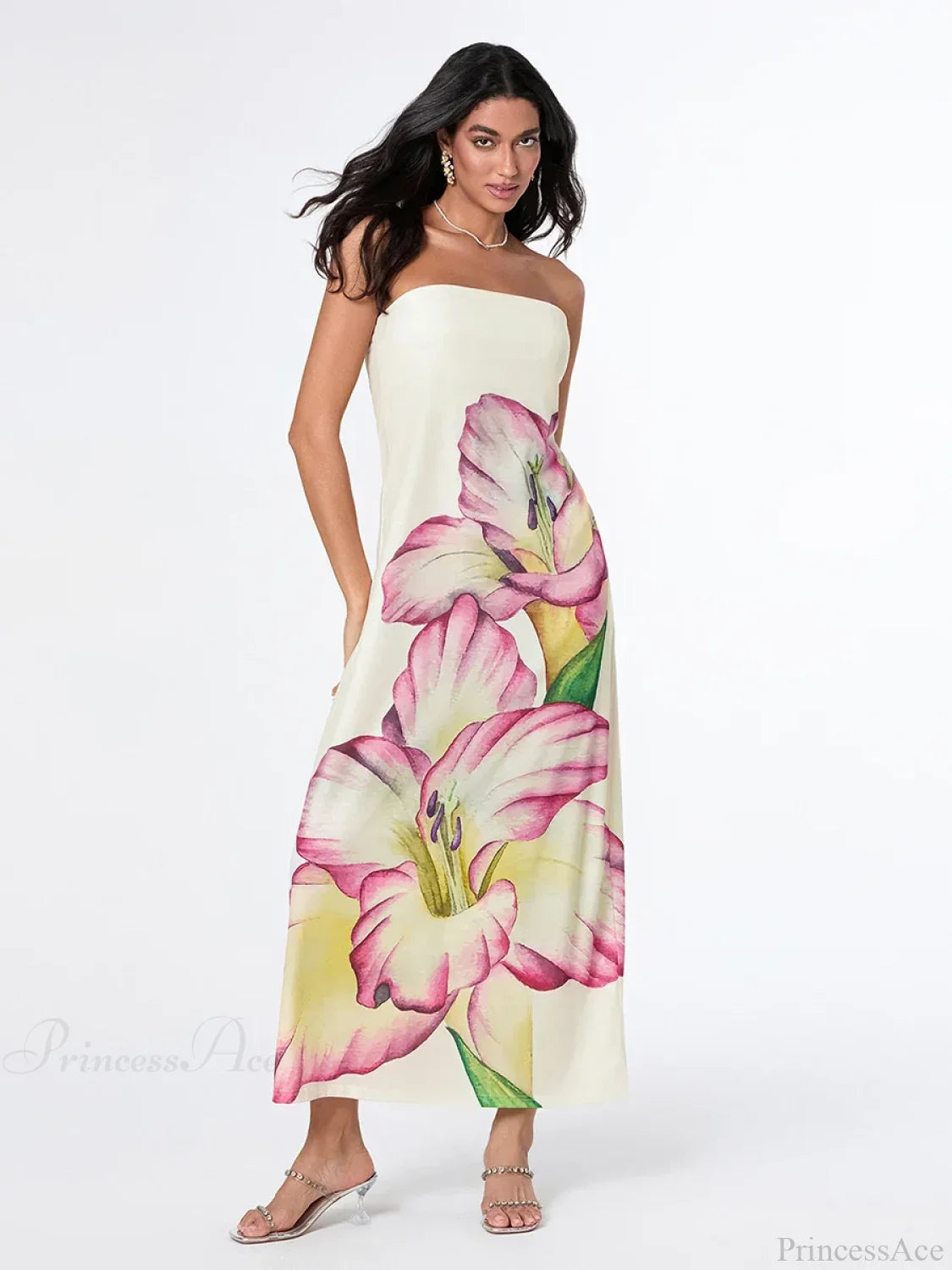 Elegant Floral Strapless Loose Fit Floral Dress