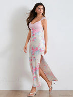 Elegant Lace Patchwork Floral Mesh Backless V-Neck High Slit Party Dress