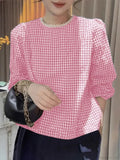 Elegant Lace Trim O Neck Checked Puff Sleeve Smock Blouse
