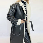 Elegant Lamb Wool PU Leather Belted Overcoat