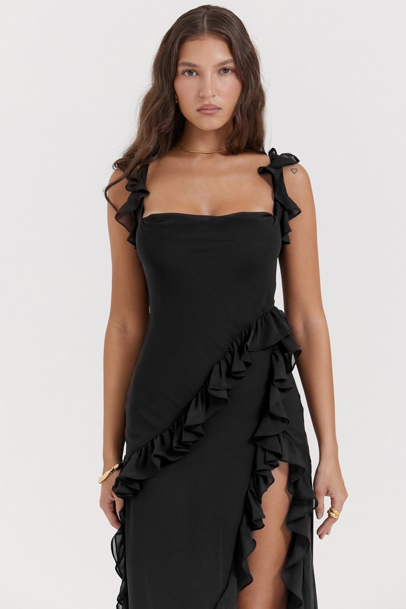 Square Neck Sleeveless Cascading Ruffle High Slit Maxi Gown