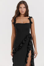 Square Neck Sleeveless Cascading Ruffle High Slit Maxi Gown