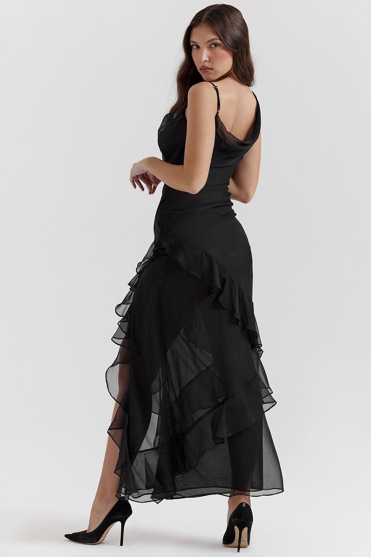 Square Neck Sleeveless Cascading Ruffle High Slit Maxi Gown