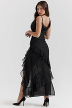 Square Neck Sleeveless Cascading Ruffle High Slit Maxi Gown