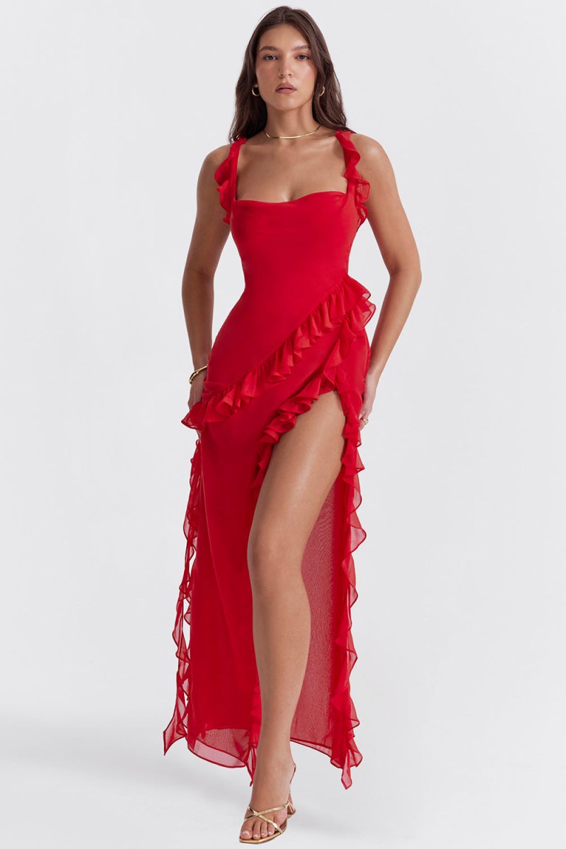 Square Neck Sleeveless Cascading Ruffle High Slit Maxi Gown