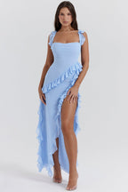 Square Neck Sleeveless Cascading Ruffle High Slit Maxi Gown