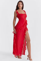 Square Neck Sleeveless Cascading Ruffle High Slit Maxi Gown