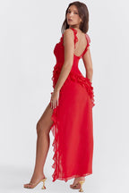 Square Neck Sleeveless Cascading Ruffle High Slit Maxi Gown