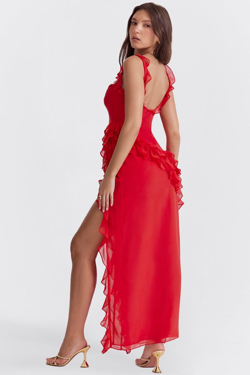 Square Neck Sleeveless Cascading Ruffle High Slit Maxi Gown