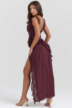 Square Neck Sleeveless Cascading Ruffle High Slit Maxi Gown