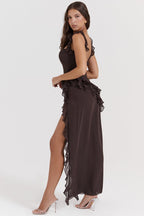 Square Neck Sleeveless Cascading Ruffle High Slit Maxi Gown