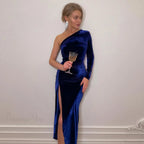 Elegant Long Sleeve Party Evening Velvet Bodycon Split Pencil Midi Christmas Party Dress