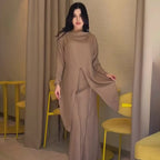 Elegant Long Sleeve Taupe Satin Cross-Lace Waist Skirt Two-Piece Abaya Outfit