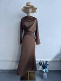 Elegant Long Sleeve Taupe Satin Cross-Lace Waist Skirt Two-Piece Abaya Outfit
