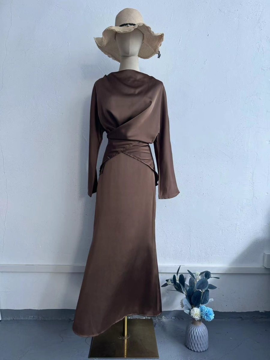 Elegant Long Sleeve Taupe Satin Cross-Lace Waist Skirt Two-Piece Abaya Outfit