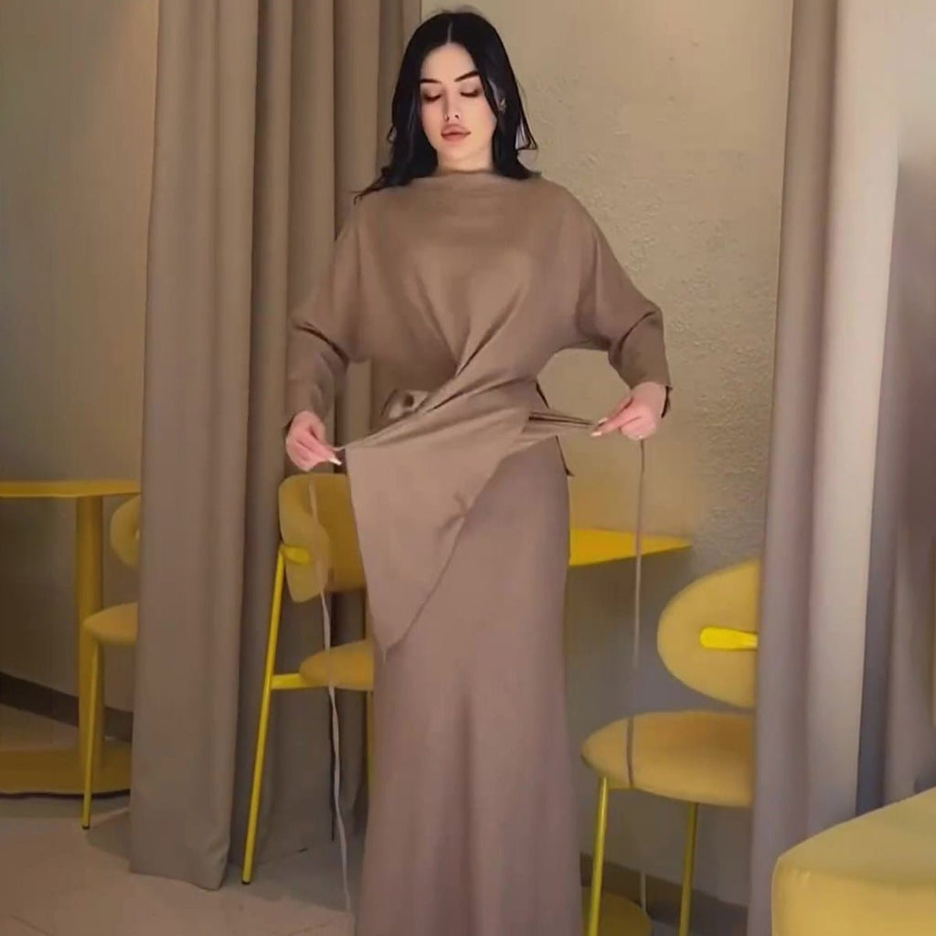 Elegant Long Sleeve Taupe Satin Cross-Lace Waist Skirt Two-Piece Abaya Outfit