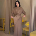 Elegant Long Sleeve Taupe Satin Cross-Lace Waist Skirt Two-Piece Abaya Outfit