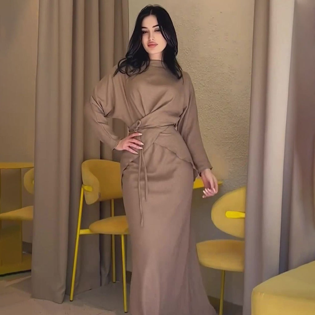 Elegant Long Sleeve Taupe Satin Cross-Lace Waist Skirt Two-Piece Abaya Outfit