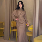 Elegant Long Sleeve Taupe Satin Cross-Lace Waist Skirt Two-Piece Abaya Outfit