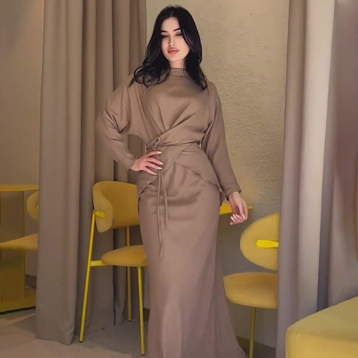 Elegant Long Sleeve Taupe Satin Cross-Lace Waist Skirt Two-Piece Abaya Outfit